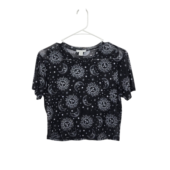 Full Tilt Women's Black Celestial Print Mesh Crop Top Y2K Sz M - Picture 1 of 5